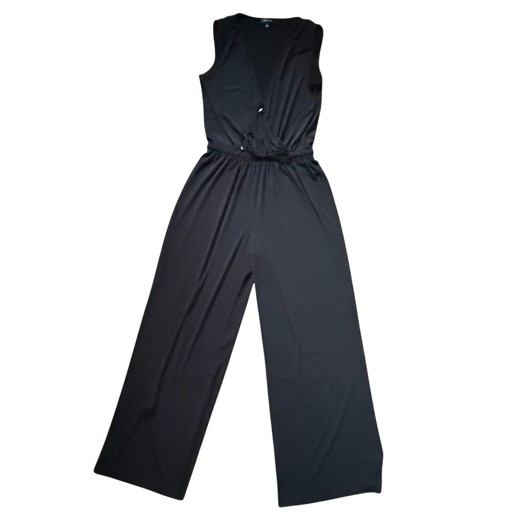 Spense Black Sleeveless Wide Leg Jumpsuit Surplice Faux Wrap Elastic Waist Sz 6